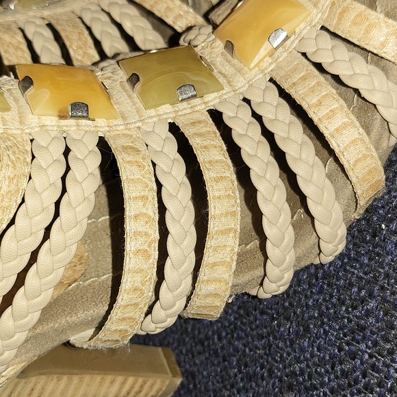 Apostrophe Sand Strappy & Braided Heels with Green Stones - Picture 4 of 10